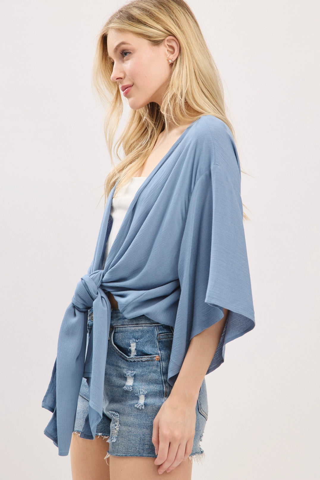 Lanie Tie-Front Kimono in Lt Blue Shadow- Misses (S-L)