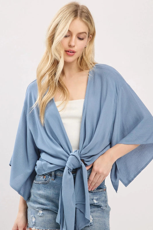 Lanie Tie-Front Kimono in Lt Blue Shadow- Misses (S-L)