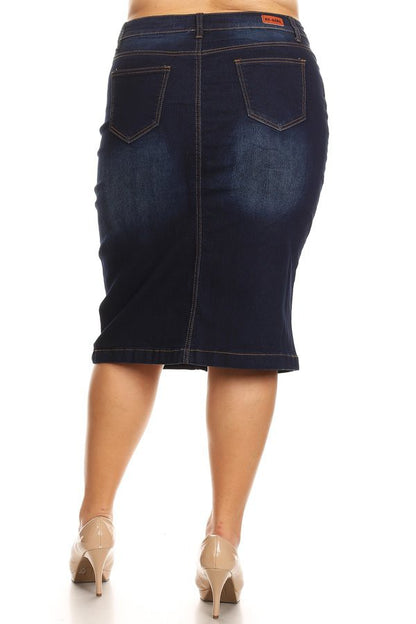 Dennie Denim Middle Length Skirt in Dk Indigo- Misses & Plus (S, L, XL, 3X)