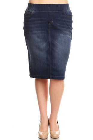 Eileen Denim Middle Length Skirt in Dk Indigo- Misses, Plus and Extended Plus (S-4X)