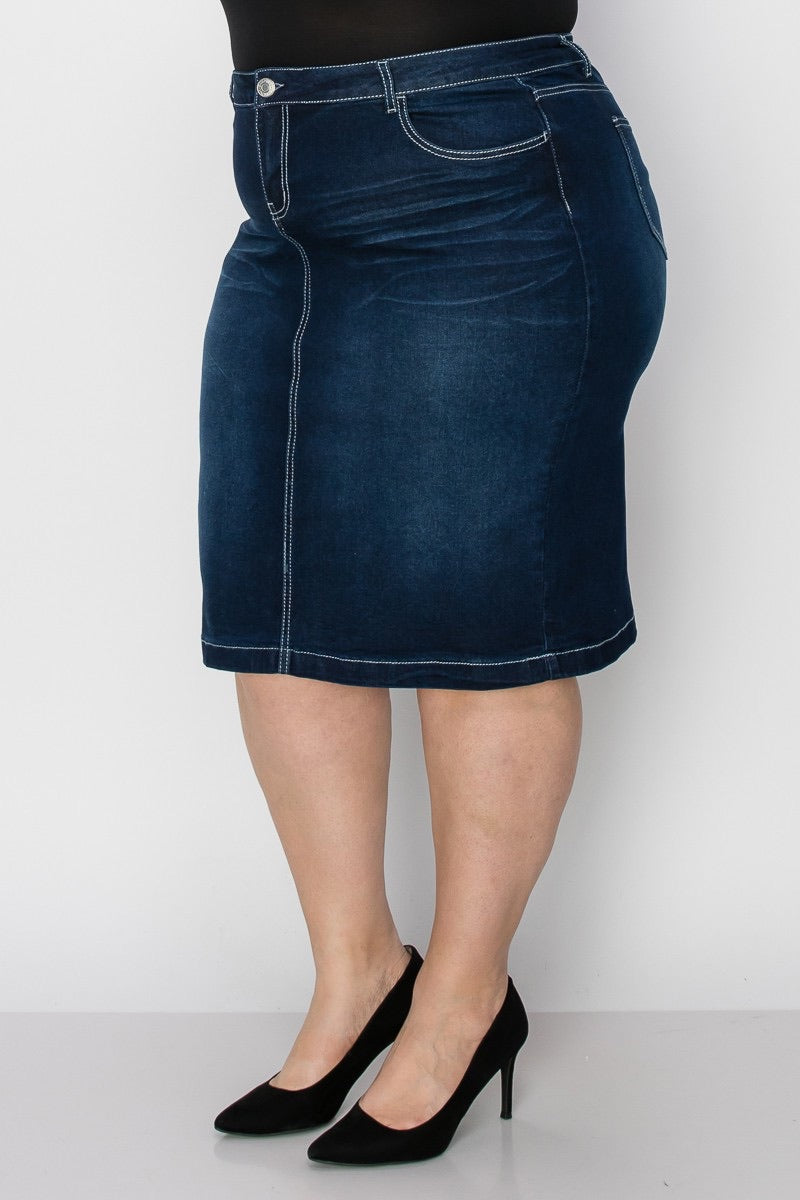 Reese Denim Middle Length Skirt in Dk Indigo- Misses & Plus (XS-L, 1X-3X)