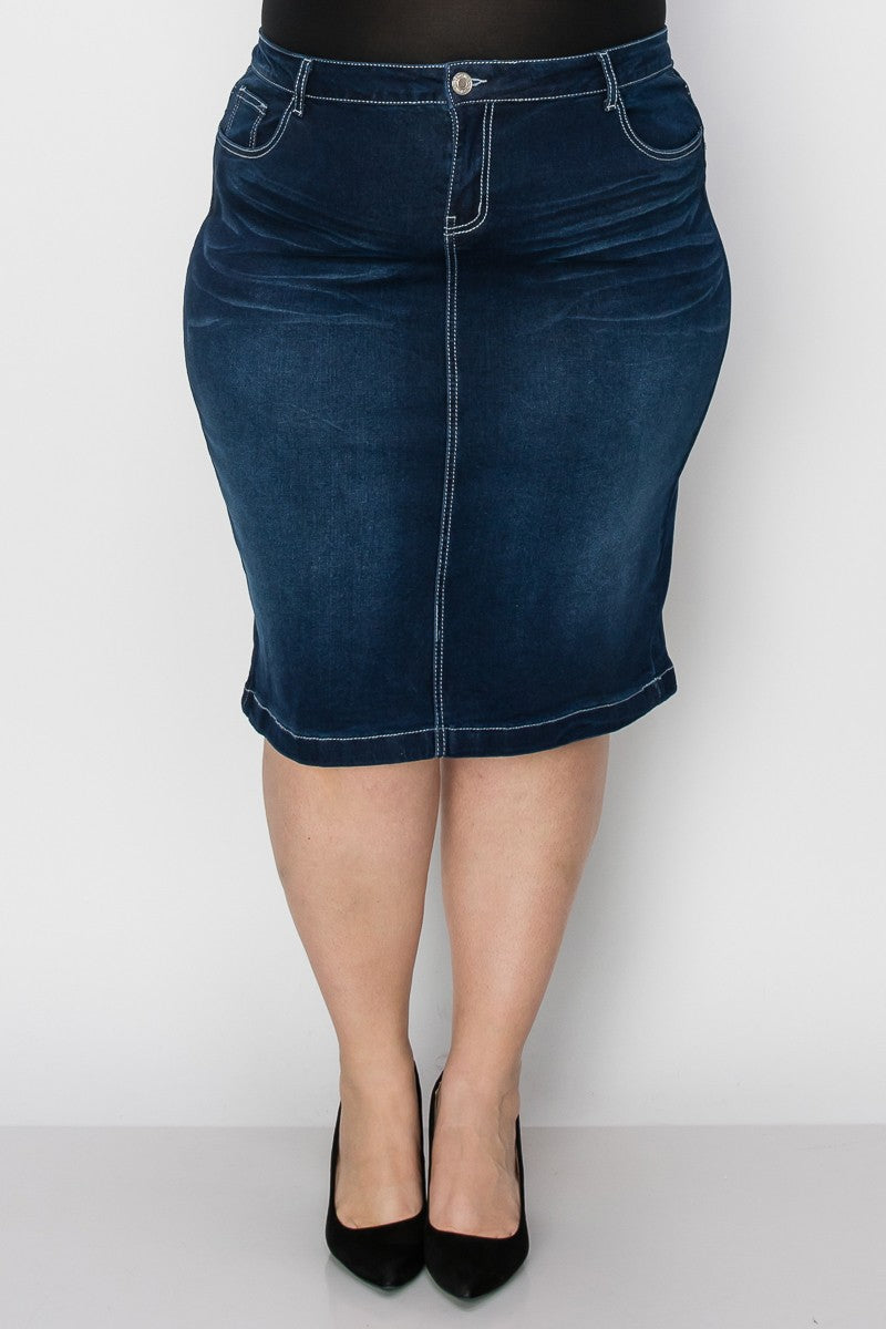Reese Denim Middle Length Skirt in Dk Indigo- Misses & Plus (XS-L, 1X-3X)