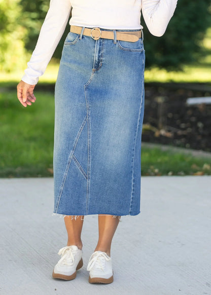 Lee A-Line Raw Hem Midi Skirt in Denim- Misses (XS-XL)