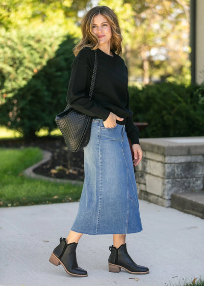 Lee A-Line Raw Hem Midi Skirt in Denim- Misses (XS-XL)