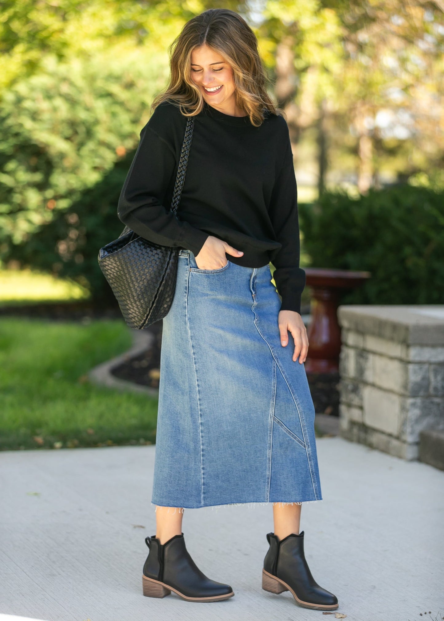 Lee A-Line Raw Hem Midi Skirt in Denim- Misses (XS-XL)
