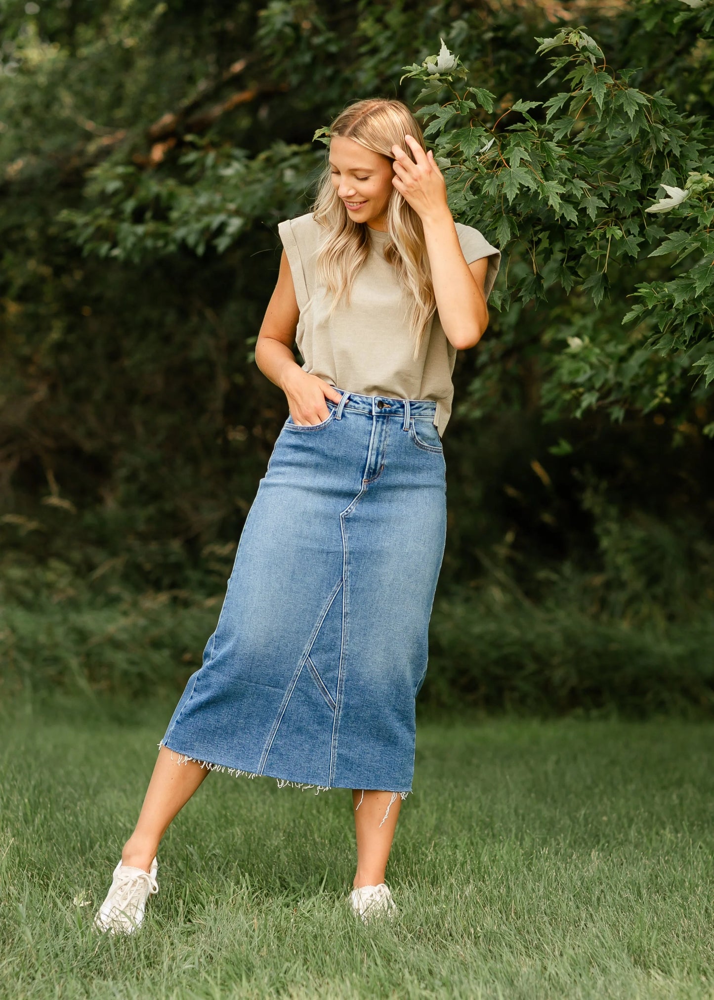 Lee A-Line Raw Hem Midi Skirt in Denim- Misses (XS-XL)