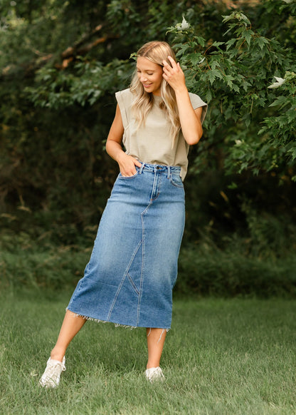 Lee A-Line Raw Hem Midi Skirt in Denim- Misses (XS-XL)