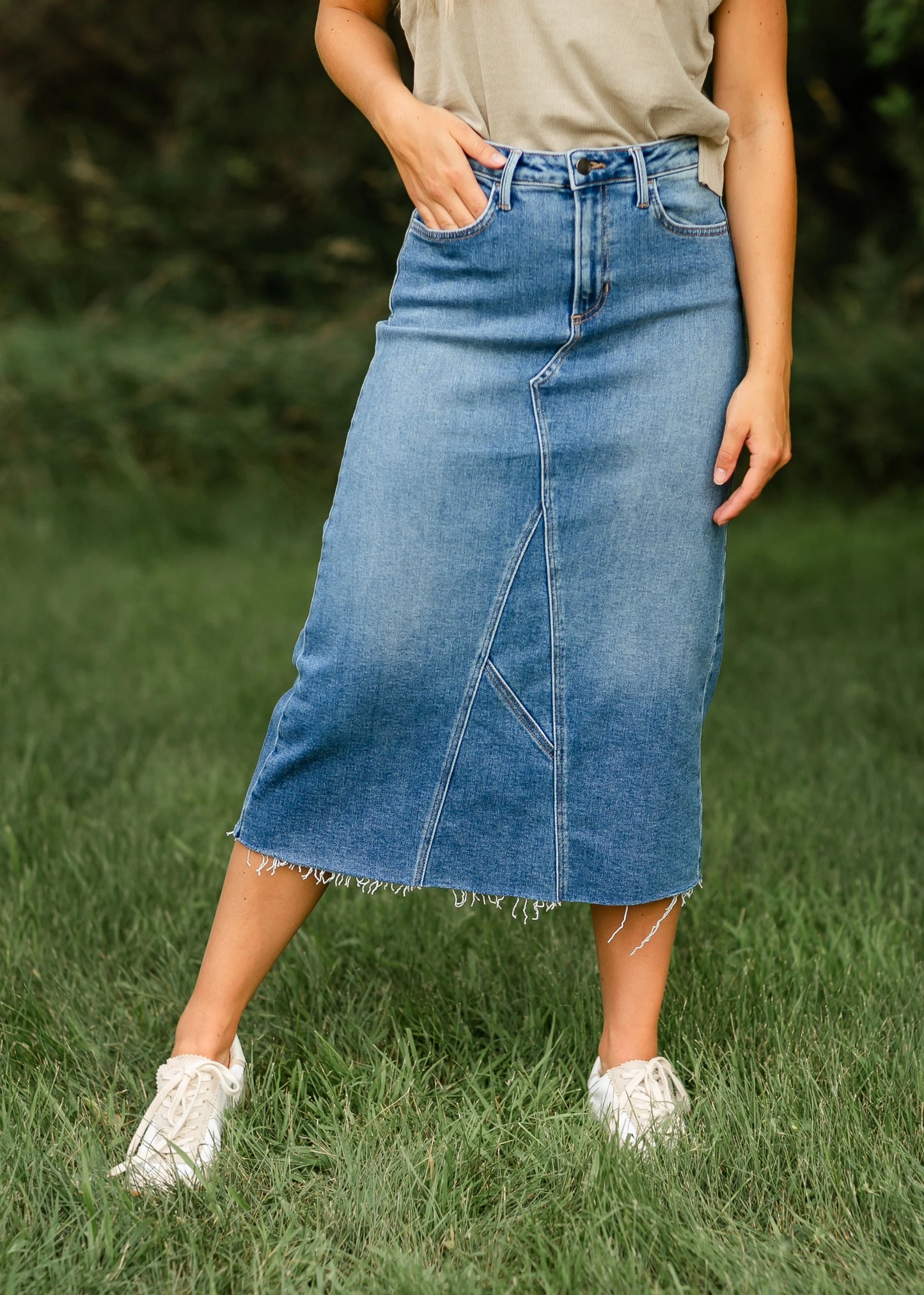 Lee A-Line Raw Hem Midi Skirt in Denim- Misses (XS-XL)