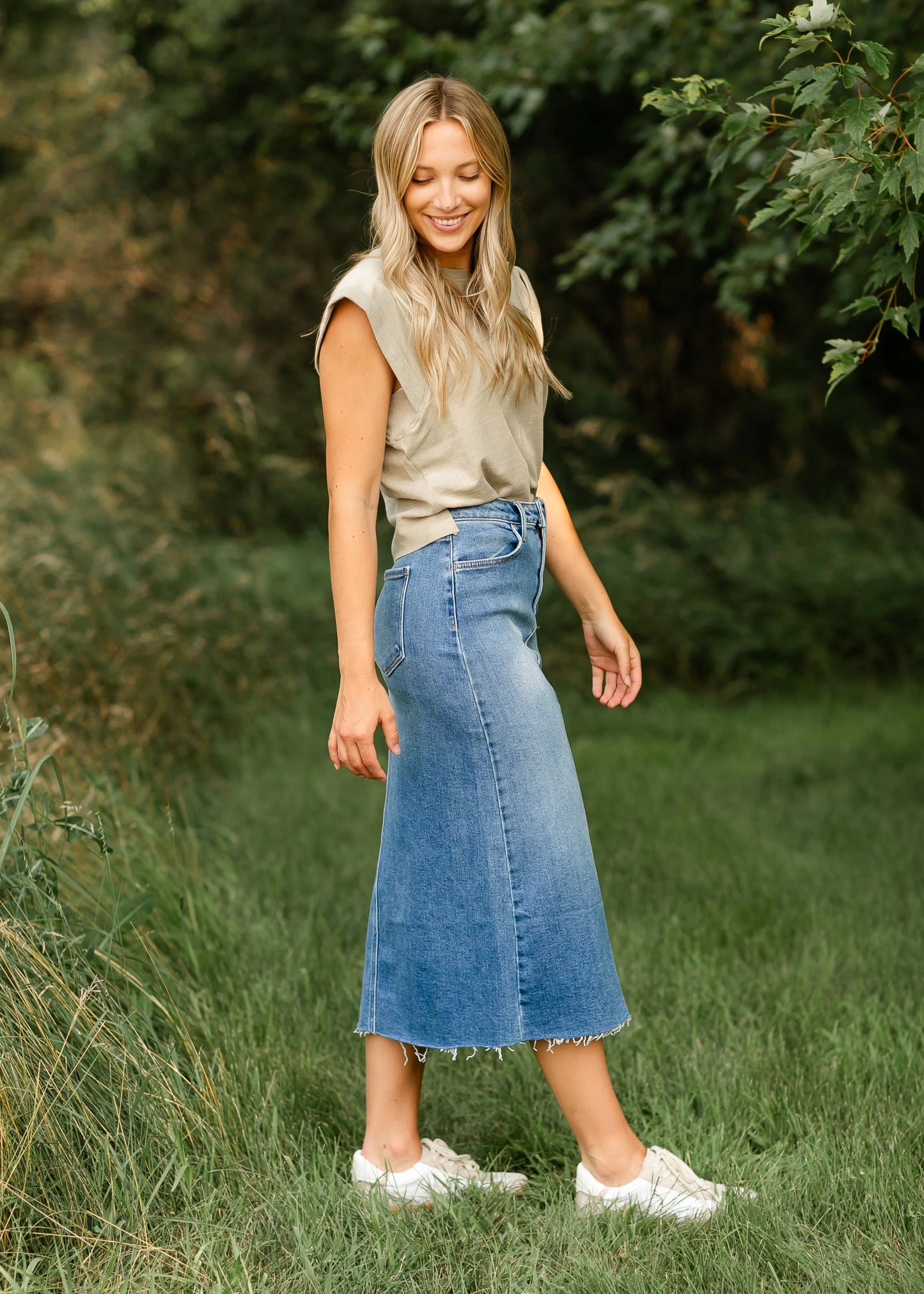 Lee A-Line Raw Hem Midi Skirt in Denim- Misses (XS-XL)