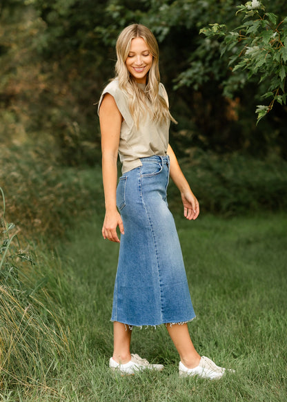 Lee A-Line Raw Hem Midi Skirt in Denim- Misses (XS-XL)