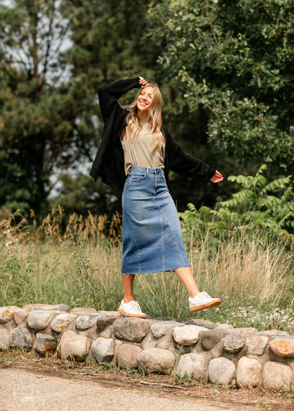 Lee A-Line Raw Hem Midi Skirt in Denim- Misses (XS-XL)