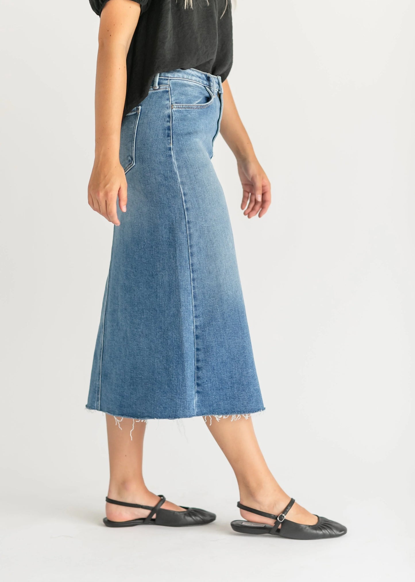 Lee A-Line Raw Hem Midi Skirt in Denim- Misses (XS-XL)