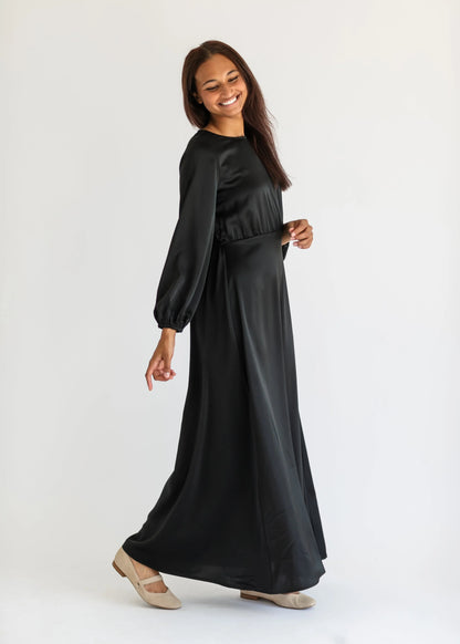 Muriel Satin Maxi Dress in Black- Misses and Plus (XS-2X)