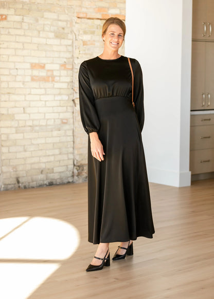 Muriel Satin Maxi Dress in Black- Misses and Plus (XS-2X)