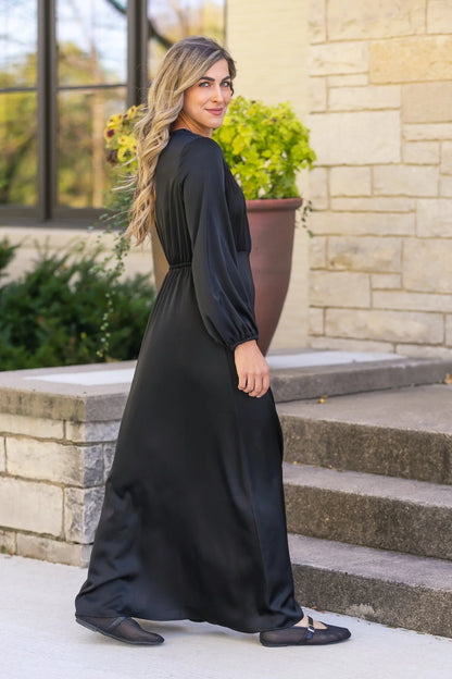 Muriel Satin Maxi Dress in Black- Misses and Plus (XS-2X)