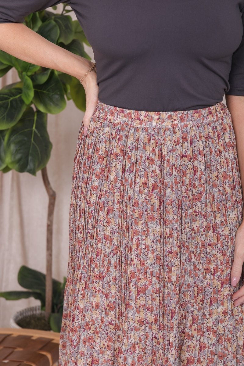 Pleated Midi Skirt in Faded Marsala Floral