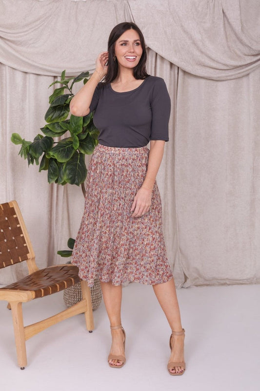 Pleated Midi Skirt in Faded Marsala Floral