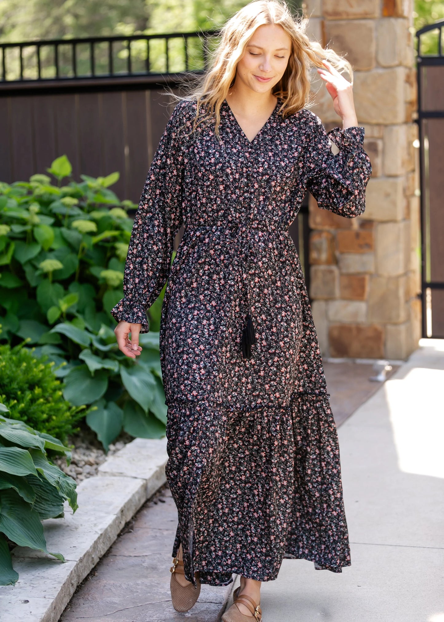 Evangeline Floral Maxi Dress in Black Floral- Misses (XS-XL)