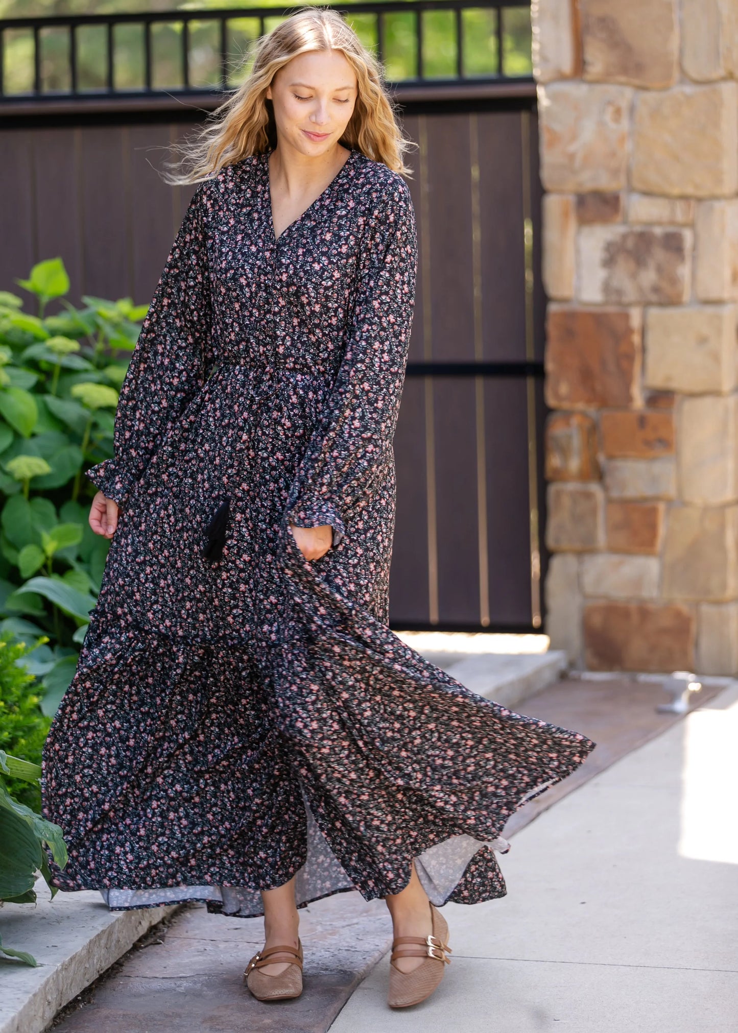 Evangeline Floral Maxi Dress in Black Floral- Misses (XS-XL)
