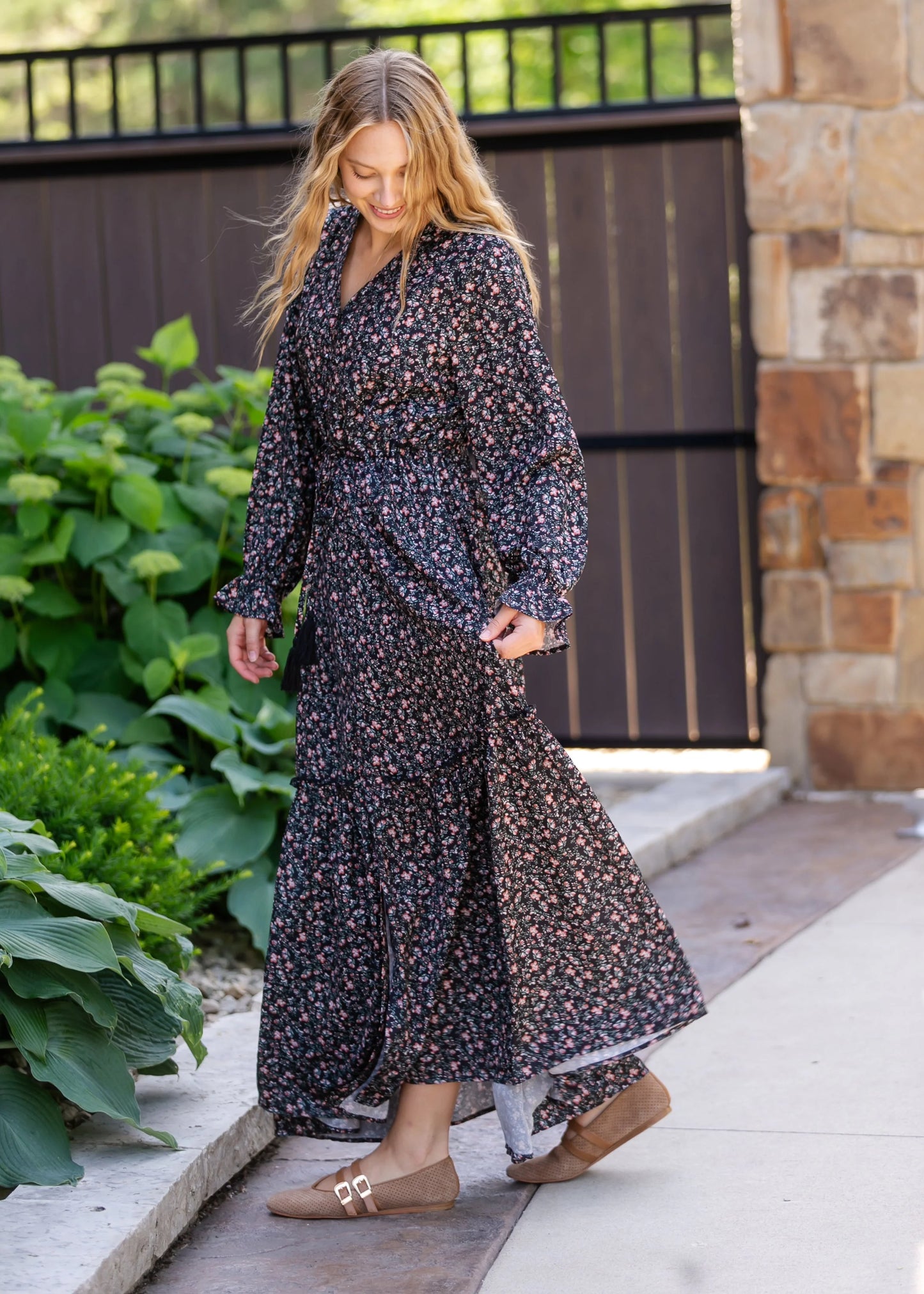 Evangeline Floral Maxi Dress in Black Floral- Misses (XS-XL)