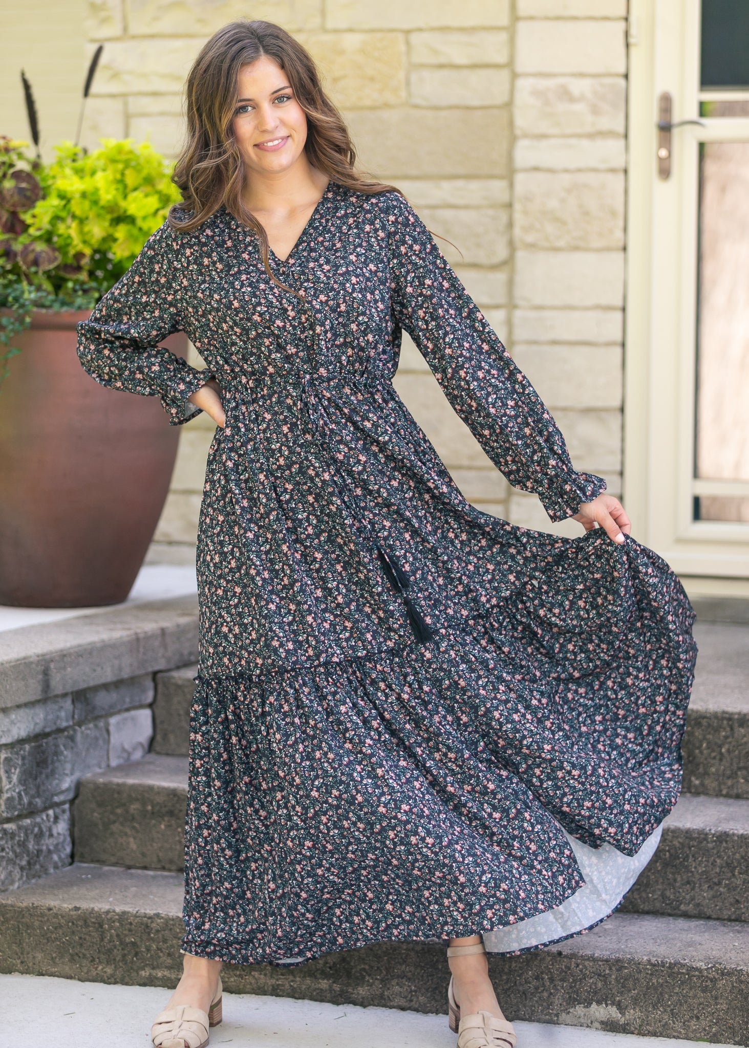 Evangeline Floral Maxi Dress in Black Floral- Misses (XS-XL