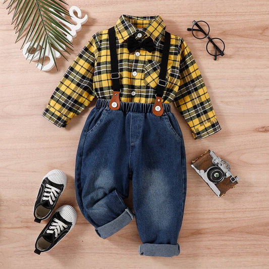 Suspender Denim Jeans and Plaid Shirt Set in Yellow- Boys