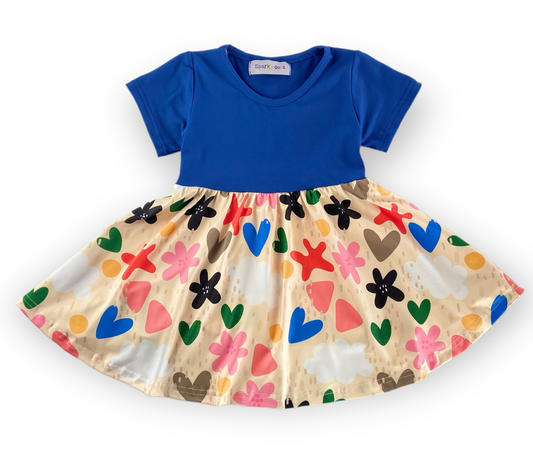 Raining Hearts & Flowers Twirly Dress in Blue- Infants