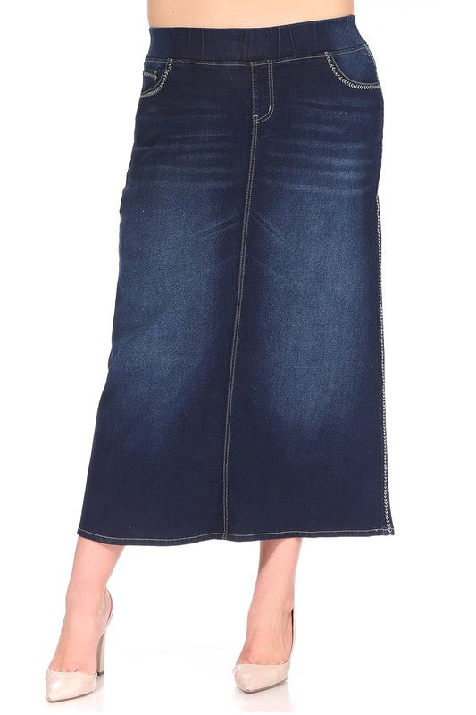 Ashleigh Maxi Denim Skirt in Dark Indigo Wash Emb- Extended Plus (4X-5X)