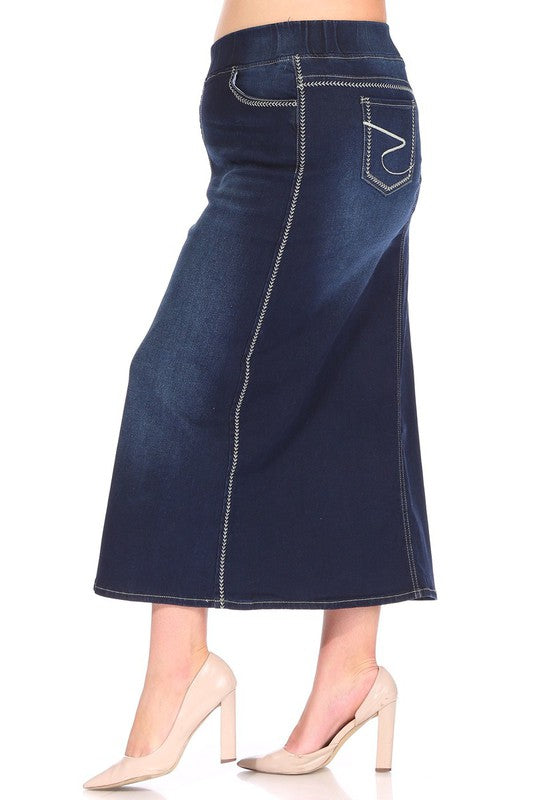 Ashleigh Maxi Denim Skirt in Dark Indigo Wash Emb Extended Plus