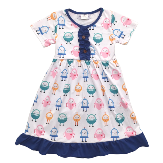 Cute Robots Ruffle Dress in Multi- Infant and Girls
