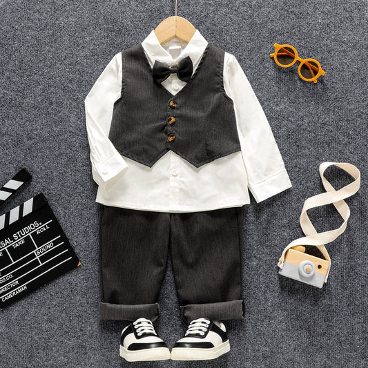 Faux Vest Shirt and Pants Set in Dark Grey- Boy Infant