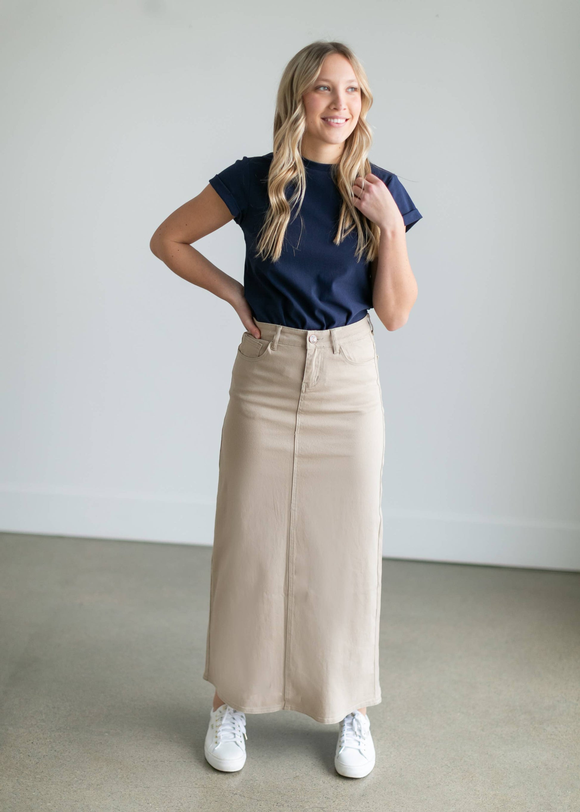 Faith Denim Maxi Skirt in Khaki- Misses and Plus (2-20)