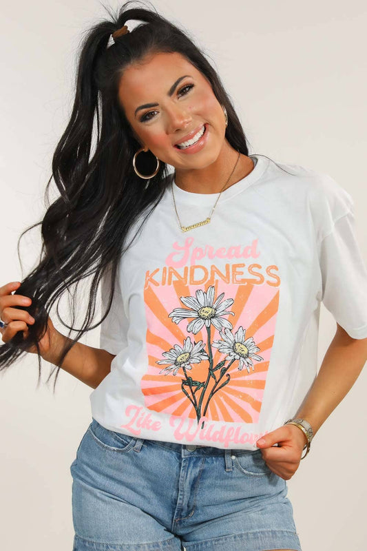 Spread Kindness Like Wildflowers Graphic Tee in White- Misses and Plus (S-2X)