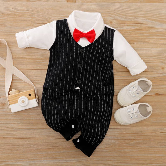 Gentleman Bow Tie Striped Jumpsuit in Black- Infant Boy (Newborn-9/12M)