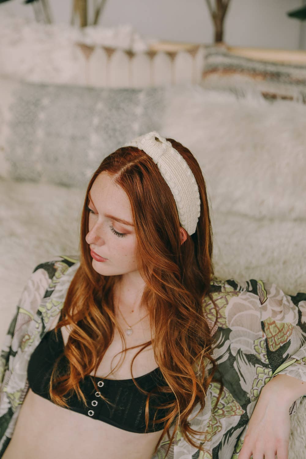 Topknot Checker Crochet Headband in Natural